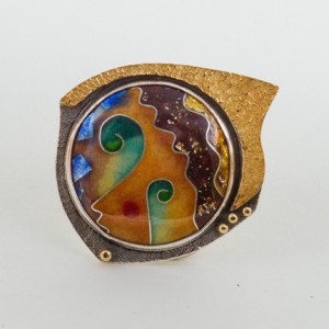 Cloisonne Enamel, 18K & Sterling Brooch